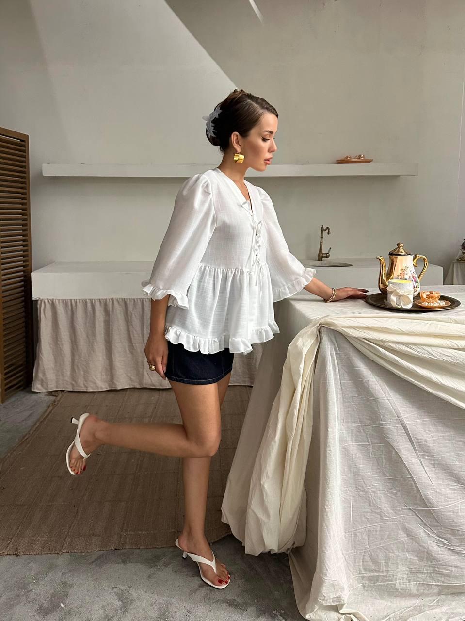 Bağlamalı Keten Bluz Beyaz